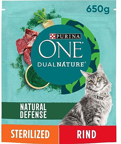 PURINA ONE Dual Nature Katzenfutter trocken für kastrierte Katzen mit Spirulina, reich an Rind, 6er Pack (6 x 650g)