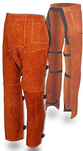 QeeLink Pantalones de Soldadura, Resistentes al Calor y al Fuego, de Cuero Dividido, protección de Pierna de Seguridad para Hombres y Mujeres, Ajustable M a XXXL, Marrón, Long 106 x33cm