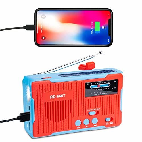 Qoosea Radio Solaire 2300mAh Recharge Solaire Manivelle FM/AM Radio d'urgence Portable Lecteur MP3 avec Lecteur de Carte TF avec Manivelle Wind Up Light avec Alarme SOS