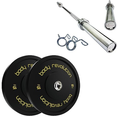 Olympic Bumper Weight Plate Set and 7ft Barbell - Rubber Coated Cast Iron Weight Discs, Powerlifting & Bodybuilding Weights and Bar - Home Gym Equipment for Strength Training by Body Revolution