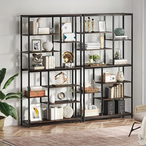 Tribesigns Bücherregal, 2er Set Standregal mit 8 Ebenen 9 Ablagen, Modernes Freistehendes Offenes Bücherregal, für Wohnzimmer, Büro, Schlafzimmer, 30 x 100 x 200cm, Rustikales Braun