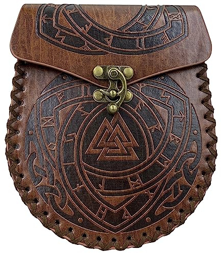 Mittelalterliche Gürteltasche, Braune Nordische Geprägte Gürteltasche, Drache Fenrir Wolf Ledergürteltasche, Wikinger Renaissance Gürteltasche, Cosplay Kostüm Zubehör für Männer Frauen (Odin)