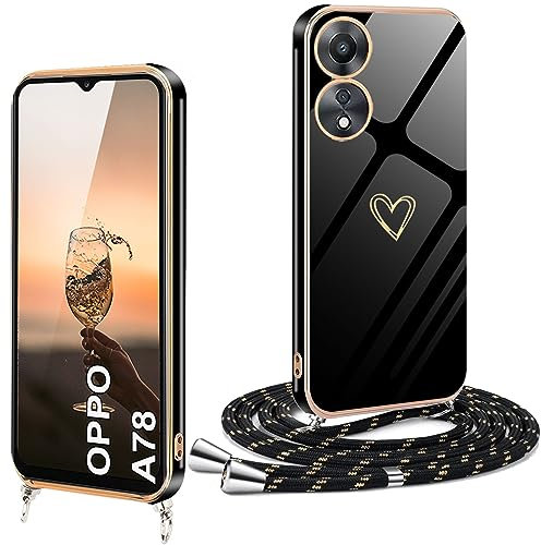 XCYYOO Handykette für Oppo A78 5G Hülle mit Band,Handyhülle Oppo A78 5G mit Kette Love Design Galvanik Silikon Stoßfest Schutzhülle mit Kordel zum Umhängen Kameraschutz,Schwarz