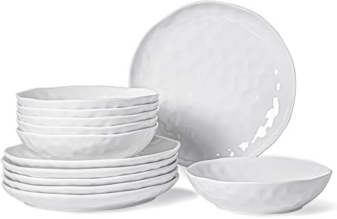 HOMBENE White Dinnerware Set 12 Piece Service for 6, Porcelain Dinnerware Sets, Over Size Plates Sets for Dessert Salad and Pasta, Dishes Set