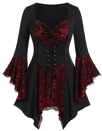 AMhomely Gothic, Halloween Clothes for Women,Gothic Fancy Tops Costumes for Women Goth Witch Tunic Blouse Tops Puff Sleeve Waist Court Shirts Tops Elegant Party 3/4 Sleeve Cosplay Corset Bustier