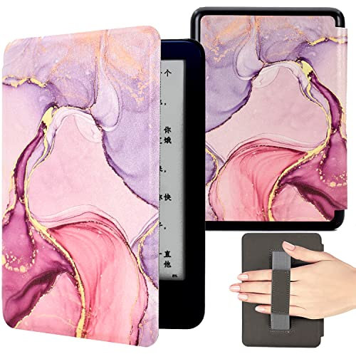 KEROM 6,8'' Kindle Paperwhite 11. Generation Hülle 2021 (Modellnummer: M2L3EK/M2L4EK), Leichte PU Leder Schutzhülle mit Handschlaufe und Auto Schlaf/Wach, Rosa Marmor