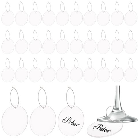 FINGERINSPIRE 40 Pcs Wine Glass Charms Markers Tags Clear Wine Charms for Stem Glasses Acrylic Flat Round Wine Charms with Iron Hoop Wine Glass Identifier Tags Drink Ring Tags for Party Favors Gift