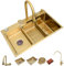 KOOGIMDDR Gold Edelstahl Küchenspüle Mit Wasserfall Wasserhahn Set 80×46cm Schwarzes Bauernhaus Waschbecken Workstation Spüle Mit Cup Washer Abnehmbares Becken Schneidebrett