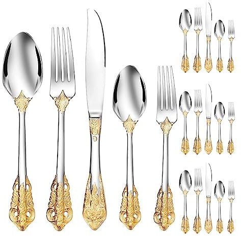Set di posate, set di posate in acciaio inossidabile, plastica trasparente, set cucchiaio coltello e forchetta, 20 pezzi vintage in rilievo con fiori in oro da cucina, posate in acciaio inossidabile,