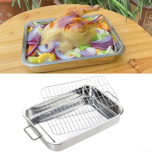 HEIBTENY Molde cuadrado de acero inoxidable con rejilla de control de aceite, asas de acero inoxidable, bandeja para asar profunda, bandeja para horno, parrilla para cocinar versátil (36 x 26 x 6 cm)