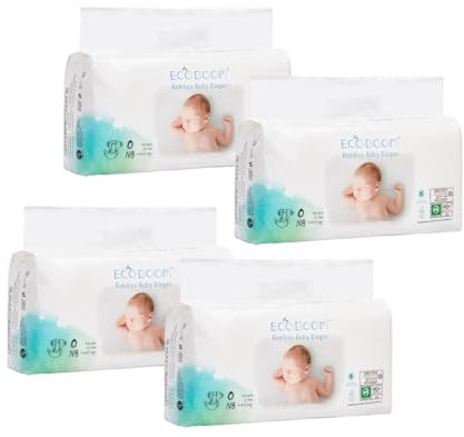 Ecoboom Öko-Windel aus Bambus, 70 % biologisch abbaubar, hypoallergen (Größe 1/NB, < 3 kg, 4 Beutel, insgesamt 136 Pads)