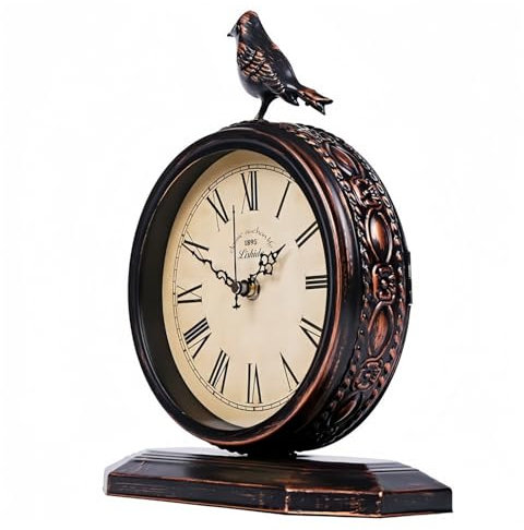 Auafanzy 8-Inch Antique Mantel Clocks for Living Room, Retro Table Metal Silent Clocks for Fireplace, Easy to Read Decorative Mantel Clocks with Top Bird for Bedroom, Office, Desktop (Roman Numerals)