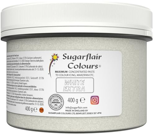 Sugarflair White Extra (E171 Free) Food Colouring Paste 400g - Maximum Concentrated Paste Food Dye for Cake Decorating, Fondant, Buttercream, Cake Batter and More - Vegan, Kosher, Bake-Stable