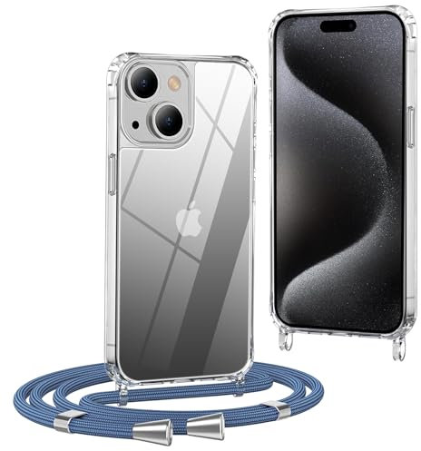 OLEPHY Crossbody Lanyard Case Compatible with iPhone 15 with Strap, Necklace Mobile Phone Cover with Adjustable and Removable Neck Strap, Transparent Shockproof Protective Case, Blue