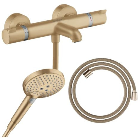 Hansgrohe Pack mitigeur Bain Douche thermostatique Ecostat Comfort + Flexible Designflex + Pommeau Raindance Select 3jets Bronze brossé