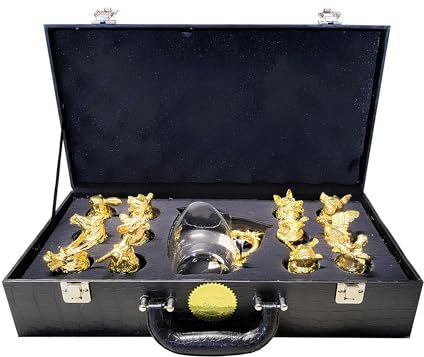 BlessingsHub Zodiac Crystal Whiskey Glass Set of 12 with Dragon Handle Decanter, Lead-Free White Crystal Drinkware with Animal Head Bases in Premium PU Suitcase, Luxury Gift Set