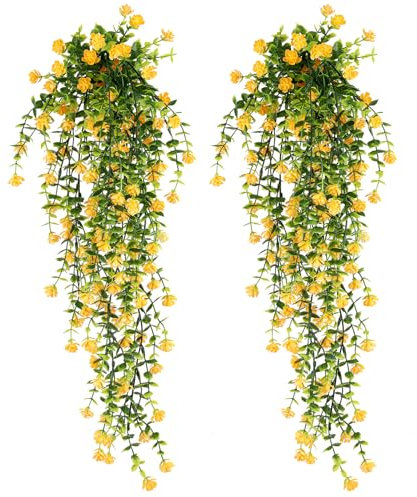 WINKIO Artificial Hanging Flowers, 2 Pcs Yellow Artificial Flowers, UV-Resistant Artificial Hanging Plants Fake Hanging Flowers for Wall Home Garden Yard Patio Wedding Indoor Outdoor Decoration