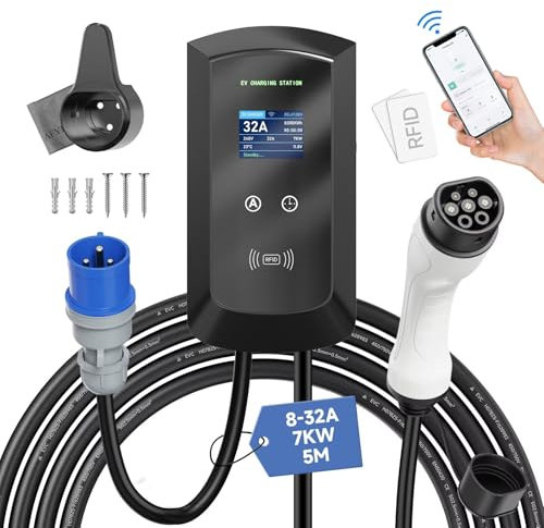 Afyeev EV Ladegerät Typ 2, 5m Ladegerät für EV Typ-2-Kabel mit RFID-und APP-Steuerung, 8-32A EV Charger IEC 62196-2, 7kW Einphasiges EV-Ladegerät für EVs & PHEVs, IP65