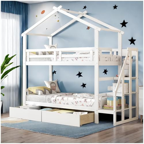 Racxily Litera con cajones, Cama Infantil 90 x 200 cm con Escalera portaobjetos, Estructura de la litera de Madera Maciza, literas Juveniles con somier de láminas, Blanco