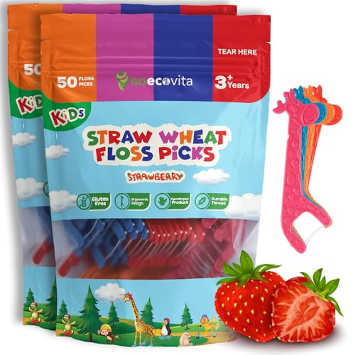 Biodegradable Kids Flossers - Dental Floss Picks for Children | Fluoride & Plastic-Free | Colorful & Fun Animal Floss Sticks | Eco Friendly, Vegan, Natural (Strawberry - 100 Pack)