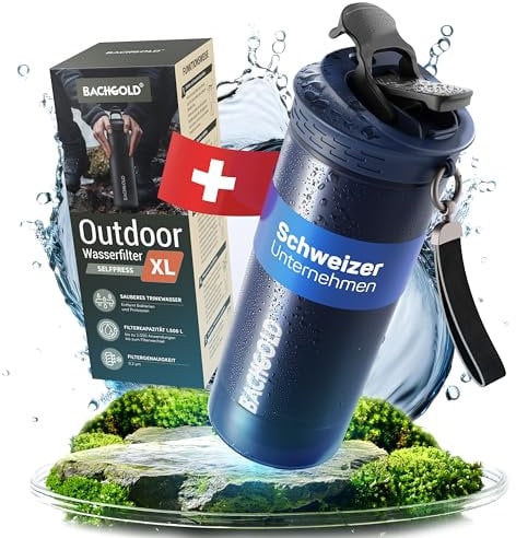 Bachgold® Profi Outdoor Wasserfilter Flasche XL [800ml] mit 1500L Filterkapazität I Entfernt 99,99% aller Bakterien und filtert Mikroplastik, Partikel und Chlor I Blackout & Krisensicher