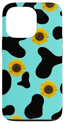iPhone 13 Pro Black and Teal Cow Print Phone Case,Cow and Sunflowers Phone Case