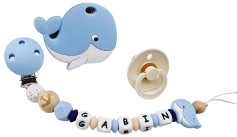 Attache tétine sucette personnalisée/prénom/bébé naissance cadeau, modèle Baleine silicone (Attache + Porte Clés)