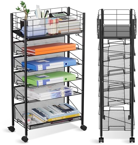 Shrivee Rollbarer Aktenwagen mit Rädern, 6-stufiger Roll-Aktenwagen aus Metall für neben dem Schreibtisch, mobiler Bücherwagen mit Rädern für Büro, Zuhause, Schule, Bibliothek, Lehrerzimmer, Schwarz