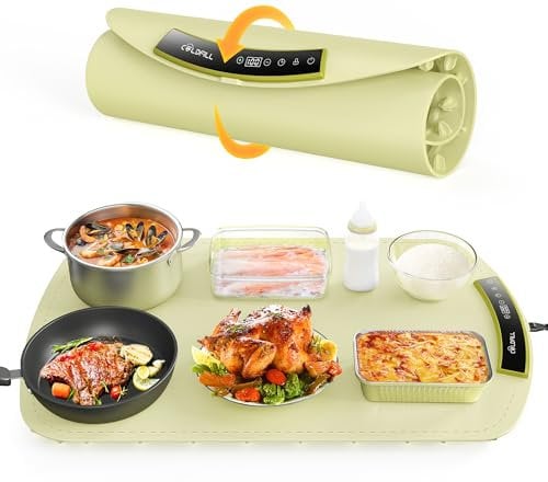COLDFILL Electric Heating Trays for Food, Foldable and Portable Tray with Nano-Silicone Material, All-Surface Heating Mat with Adjustable Temperature Green