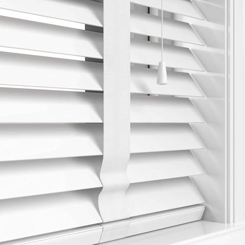 Funky Gadgets Faux Wood Blinds Wooden Grain window Venetian Blind 50mm Horizontal Slats with White Silver/Grey Tape TRIMMABLE, Child Safe (White, W114cmxL150cm)