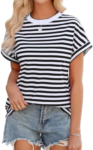 Lonya Womens Tops Oversized T-Shirts Summer Crew Neck Short Sleeve Casual Striped Blouse Tunic Basic Tee Shirts Z-Black-White,M