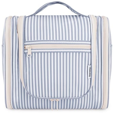 Narwey Groß Streifen Kulturbeutel Damen & Herren - Gross Kulturtasche Zum Aufhängen, Kinder Kosmetiktasche - Waschtasche für Mädchen (Grau-Blau Streifen(Groß))