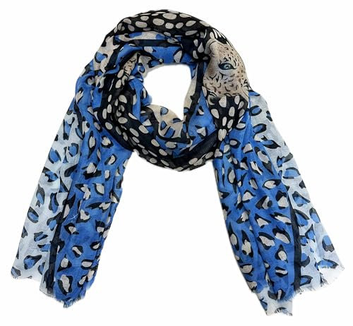 J26 XL Schal mit Leopard Leo Muster Tuch Sommer Frühling Herbst Halstuch Stola Tuch Übergangsschal Baumwolle Gepard (Blau)