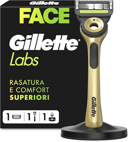 GilletteLabs Rasoio A Mano Libera Con Barra Esfoliante, 1 Manico + 1 Lametta Di Ricambio, Include Base Magnetica Premium