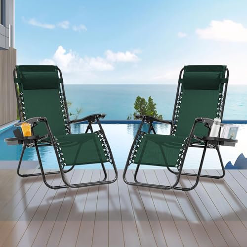 Zero Gravity Lot de 2 chaises inclinables pliantes zéro gravité, 150 kg avec coussin et porte-gobelet, inclinables d'extérieur en maille d'acier pour terrasse, piscine, jardin, plage (vert forêt)
