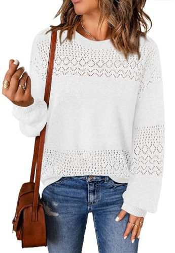 Lylinan Suéteres casuales bohemios de manga larga para mujer, cuello redondo, ligeros, de ganchillo, suéter de punto