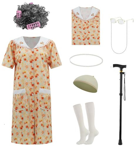 AYYOHON Alte Dame Kostüm für Frauen, Oma Kostüm Set mit Nachthemd Alte Dame Kleid Oma Outfits Halloween Cosplay Anzug L/XL