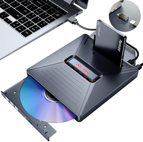 Ultra Portable External USB 3.0 Type-C CD/DVD & HDD Drive for Laptop/PC/Mac | 8x DVD/24x CD, Plug & play, SD/MicroSD & USB-A, 2.5″ SATA, Cool LED lights