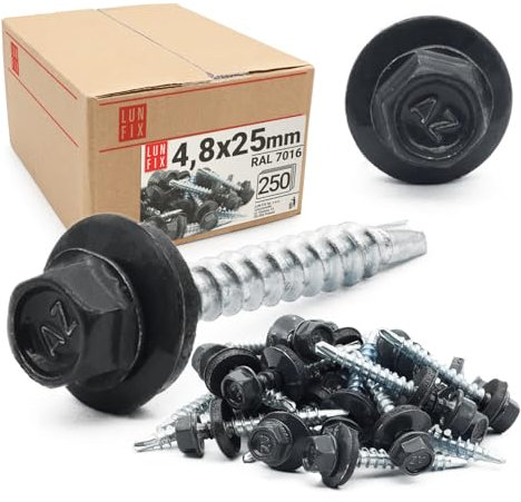 250x Vis autoforeuse metal 4,8x25 mm | RAL 7016 gris anthracite | vis autoperforante avec rondelles metal | vis à bois, vis bac acier, tirefond | Lun Fix