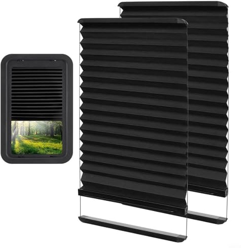 HEIBTENY 2 Stück Wohnmobil Tür Fenster Schatten 30,5 x 53,3 cm Faltrollo Schwarz Stoff Sonnenschutz Leise Gleitschiene Einfache Installation Einstellbare Privatsphäre Lichtsteuerung