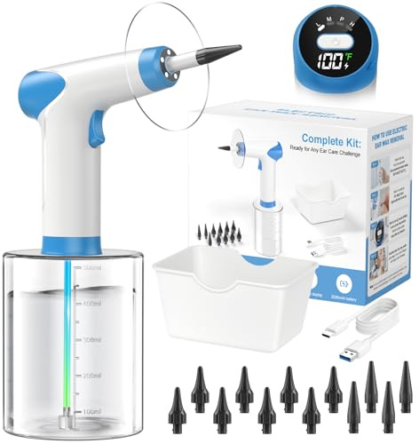 Featjoy Kit de retrait de cérumen, nettoyeur d'oreille électrique 2026 avec 12 modes de nettoyage et température de l'eau en temps réel, système d'irrigation efficace pour plusieurs cérumens d'adultes