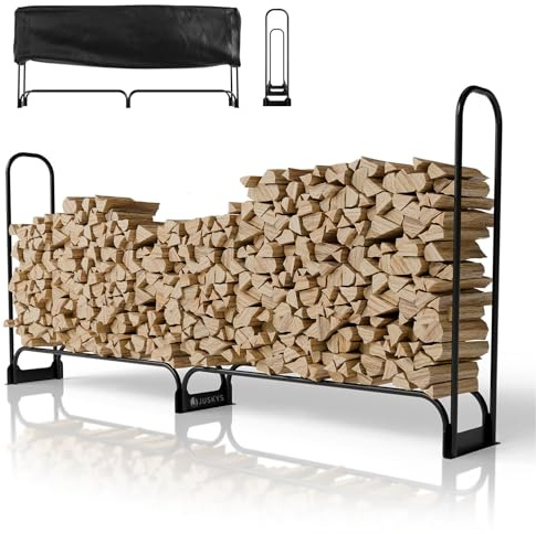 Juskys Kaminholzregal L - 260 x 117 x 36 cm – Schwarz, Brennholzregal aus Stahl mit Abdeckung, Holzunterstand für Garten & Terrasse, 300 kg belastbar