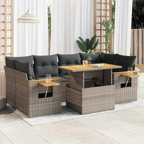 QJBSAVVA 7-TLG. Gartenmöbel Set aus Poly-Rattan mit Akazienholz Armlehne 55 x 62 x 69 cm grau Klapptisch Lounge für Balkon Terrasse Garten