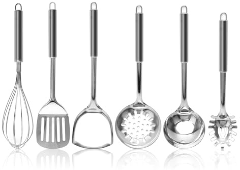 Juego de 6 piezas, juego de utensilios de cocina de acero inoxidable, mango colgante, espátula con agujeros, espátula para wok, cuchara de sopa, batidor, utensilio de cocina Essentials nuevo hogar