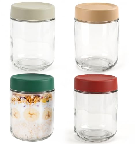 ChengJunXin 4 Pack 500ml Glass Overnight Oats Jar With Airtight Lids | Mason Jars With Lids,Leak-Proof Seal For Freshness.BPA-free&dishwasher safe.For Yoghurt,Snacks,Dressings,Condiments,Sauce