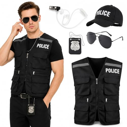 Maazusa Polizei Kostüm 5 Stück Erwachsene Schwarz Polizei Weste Kostüm Polizei Mütze Marke Brille Kopfhörer, Cop Cosplay für Halloween Karneval Fasching Party Kostümpartys