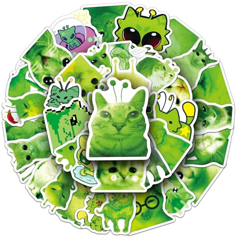 Alien Katzen Aufkleber Set,50 Stück,Grüne Sticker,Außerirdische Motive Design,für Gepäck,Laptop,Wasserflasche,Koffer,Skateboard,Auto,Fahrrad,Helm,Telefon,Notebook,Scrapbooking,Dekoration