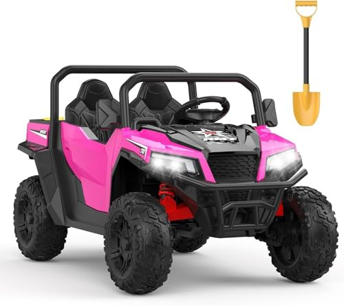 Garvee Kinder Elektroauto UTV Buggy 24V 2-Sitzer Elektrofahrzeug Offroad | Doppelmotor, 2,4G Fernbedienung, Musik, LED-Licht und Schaufel, 3 Geschwindigkeiten, für Kinder ab 3 Jahren, Rosa