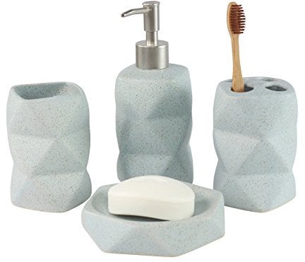 Accessoires de Salle de Bain Modernes géométriques Bleu/Gris, Bleu Canard (4 pièces)