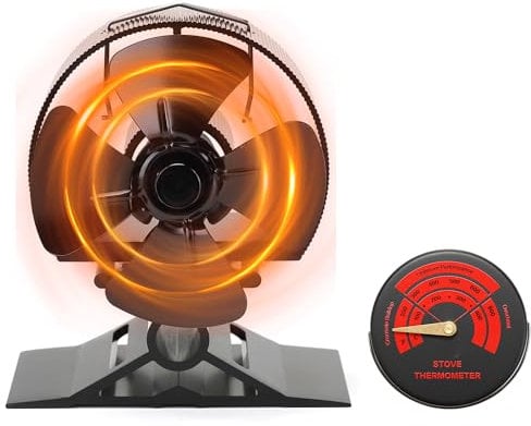 CRSURE Log Burner Fan - Small Size Upgrade 4 Blades Wood Stove Fan Heat Powered Silent Operation Eco Friendly Increased Efficient with Stove Thermometer